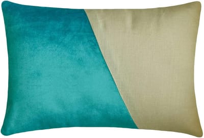 Decorative Turquoise Blue Lumbar Cushion Cover, 30 x 60 cm Velvet & Linen Cushion, Solid Color Block Cushion Cover, Patchwork Cushion, Modern Lumbar Cushion Cover - Velutinous Turquoise