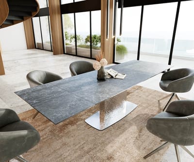Eetkamertafel Edge keramiek Laminam®Nero Greco grijs 200-300x100 Wave RVS uitschuifbaar