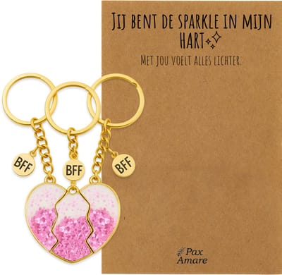BFF Sleutelhanger voor 3 'Jij bent de sparkle in mijn hart' - Magnetisch Glitter Hartje Roze - Sleutelhanger set op Cadeau Kaartje - Goudkleurig - Vriendschap Symbool - Pax Amare