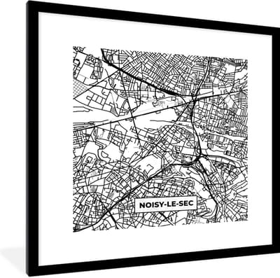 Fotolijst incl. Poster Zwart Wit- Frankrijk - Plattegrond - Stadskaart - Noisy-le-Sec - Kaart - Zwart wit - 40x40 cm - Posterlijst