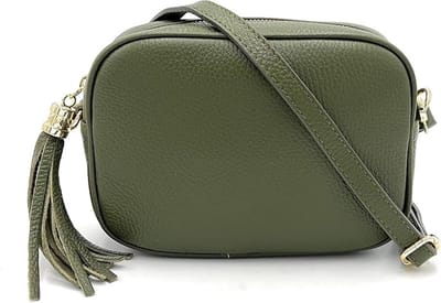 Leger Groene Leren Camera Tas Tassle - Trendy Leren Schoudertassen met kwastje - Goud beslag - Italiaans Leder - Leger Groen