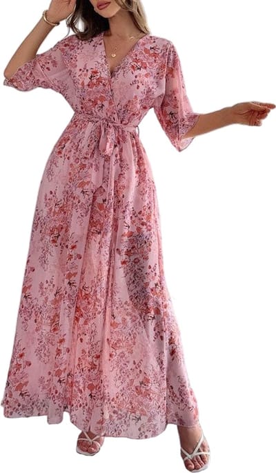Roze Jurk met Bloemen patroon - Lang - V-hals - Dress