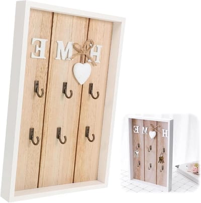 Dailygoods- Sleutelhanger Vintage - Sleutelkastje Hout - Sleutelrekje - 6 Haken - Wandhouder - 30,20 cm Hoog - Witte Lakafwerking