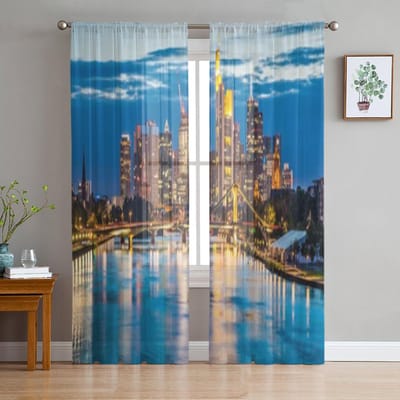 Skyline van Frankfurt am Main bij zonsondergang Duitsland Tule Transparante Gordijnen voor Woonkamer Slaapkamer Keukendecoratie Voile Organza Gordijnen 135W x 114H(cm) blue