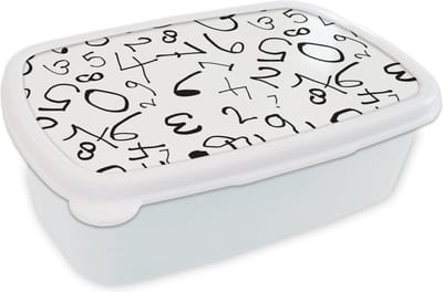 Broodtrommel Wit - Lunchbox - Brooddoos - Nummer - Cijfers - Patronen - Zwart wit - 18x12x6 cm - Volwassenen