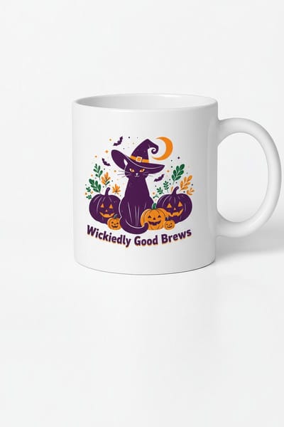 Halloween Mok "Wickedly Good Brews" - Zwarte Kat en Pompoenen