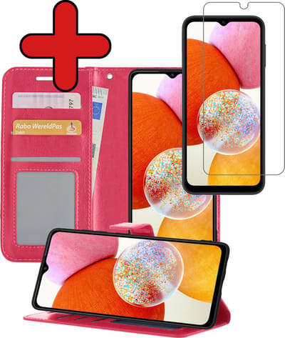 Hoesje - Met Screenprotector - Geschikt voor Samsung Galaxy A14 - Luxe Pasjeshouder - Flipcase - Bookcase Portemonee - Flip Case - Kunstleer Book Case - Book Cover - Walletcase - Portemonneehoes - Telefoonhoes - Donkerroze