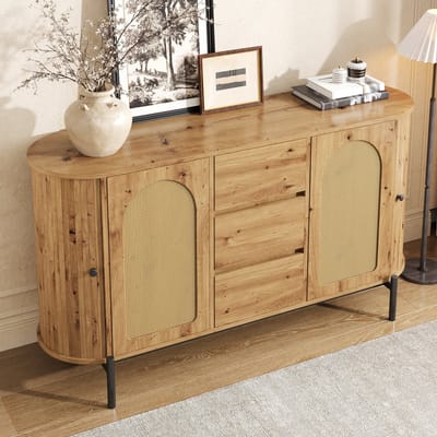 MIVRAY Dressoir - Ovale Opbergkast Met Rotan En Schuifdeuren - Voor Woonkamer En Hal - MDF Met Metalen Poten - 140x38x77,5 Cm