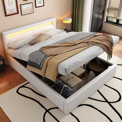 DESMIU Gestoffeerd Bed 140x200cm - Bed met Ledverlichting en Opklapbare Lattenbodem - Opbergruimte Onder Het Bed - Voor Slaap- en Jeugdkamer - Kunstleder - Wit - Zonder Matras