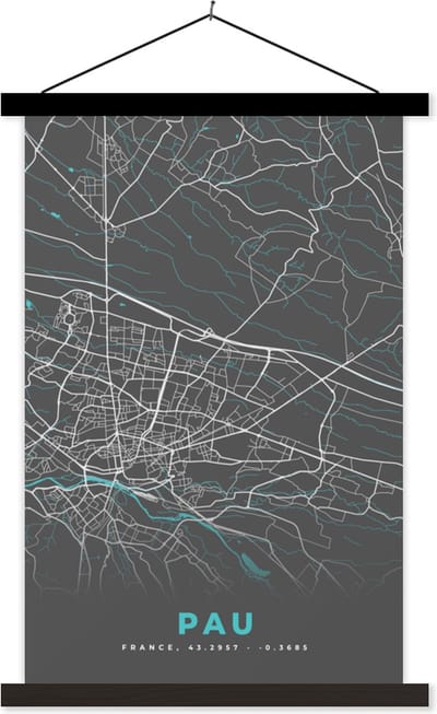 Posterhanger incl. Poster 40x60 cm - Schoolplaat - Pau - Stadskaart - Kaart - Plattegrond - Frankrijk - Textielposter - Zwarte latten - Stadskaart
