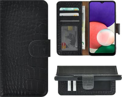 Hoesje Geschikt voor Samsung Galaxy A22 5G - Bookcase - A22 5G Wallet Book Case Echt Leer Croco Zwart Cover