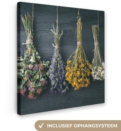 Canvas schilderij 20x20 cm - Wanddecoratie Droogbloemen - Bloemen - Boeket - Stilleven - Touw - Bundel - Muurdecoratie woonkamer - Slaapkamer decoratie - Kamer accessoires - Schilderijen op canvas