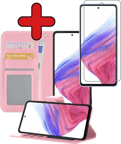 Hoesje - Met Screenprotector - Geschikt voor Samsung Galaxy A53 - Luxe Pasjeshouder - Flipcase - Bookcase Portemonee - Flip Case - Kunstleer Book Case - Book Cover - Walletcase - Portemonneehoes - Telefoonhoes - Lichtroze