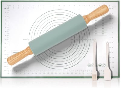 deegroller en deegmattenset, 38,5 cm deegroller met gebakborstels en deegschraper voor pizza, taart, koekjes, pasta en brood