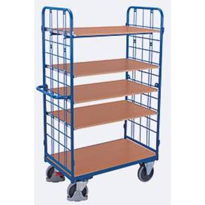 Etagewagen, staal/MDF-plaat, decor gentiaanblauw/beuken, 1 etage, 1000 x 700 mm, 2 eindborden van draadgaas, EasySTOP, tot 500 kg
