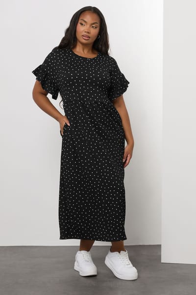 Yours Zwarte Polka Dot Volant Mouw Midaxi Jurk Size 42