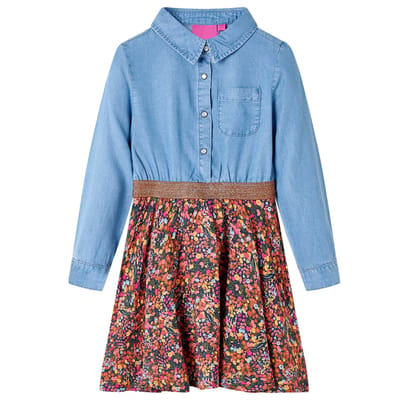 vidaXL Kinderjurk met lange mouwen 116 marineblauw en denimblauw