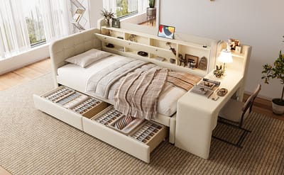 Slaapbank 90x200 cm - Bedbank Met 2 Laden, Bureau, Opbergruimte, USB En Type-C Aansluiting - Met Lattenbodem - Linnenlook - Beige