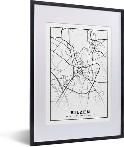 Fotolijst incl. Poster Zwart Wit- Stadskaart – Plattegrond – België – Zwart Wit – Bilzen – Kaart - 30x40 cm - Posterlijst