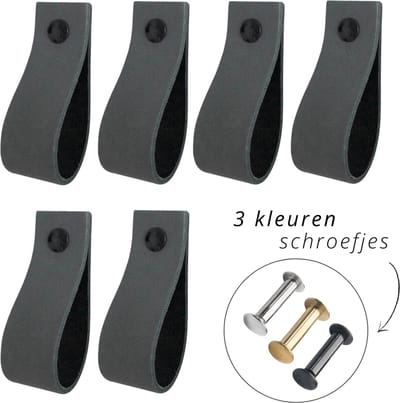 Handles and more - 6x Leren handgrepen lusjes - Vintage Grey- XS (12,6 x 2,5 cm) - incl. 3 kleuren schroefjes (handgreepjes - leren grepen - greepjes - leren lusjes)