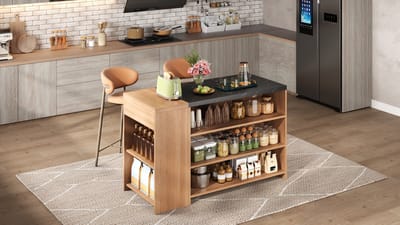 Keukeneiland Bar - 140x60x90 Cm Met 5 Opbergniveaus, Verborgen Lade En Dik Werkblad - Eiken En Zwart Marmer Look
