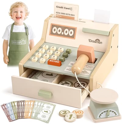 Houten kassa voor kinderen - houten speelgoedkassa - met scanner, speelgoedwinkel - inclusief schort, cadeau voor jongens en meisjes van 3, 4, 5, 6 en 7 jaar