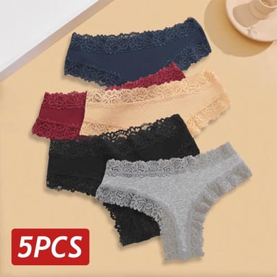 5-delige set dames kanten naadloze katoenen slipjes, sexy Braziliaanse slipjes, geribbeld, ademend, meisjesondergoed, zachte lingerie in grote maten (S-XL) M&5pcs gray