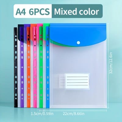 6 pièces A4 Dossiers à anneaux haute capacité avec reliure 11 anneaux, boutons extensibles et pochettes pour étiquettes - Matériau PP durable