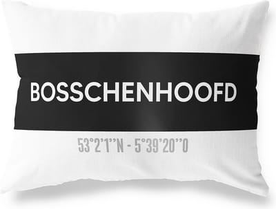 Tuinkussen BOSSCHENHOOFD - NOORD-BRABANT met coördinaten - Buitenkussen - Bootkussen - Weerbestendig - Jouw Plaats - Studio216 - Modern - Zwart-Wit - 50x30cm