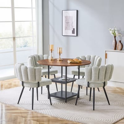 OKWISH Eethoek 107 Cm - Ronde Tafel Met Dubbele Opbergruimte En 4 Stoelen - Voor Eetkamer Of Keuken - Stof MDF Metaal
