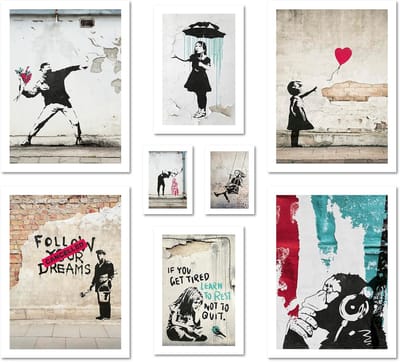 Posterset Street Art - Wanddecoratie Collage - Woonkamer Decoratie - 8 Moderne Afbeeldingen - 40 x 30 cm - Banksy Stijl