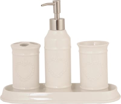 Clayre & Eef Badkamerset Set van 4 Beige Keramiek Ovaal Badkamer Accessoires Set