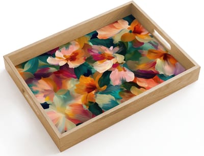 Dienblad hout 40x30 cm - Schootdienblad - Harmonieus - Abstracte bloemen - Warme tinten - Borrelplank rechthoek - Plateau dienbladen