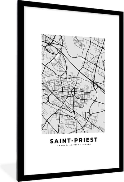 Fotolijst incl. Poster - Frankrijk – Saint-Priest – Stadskaart – Plattegrond – Kaart - 80x120 cm - Posterlijst