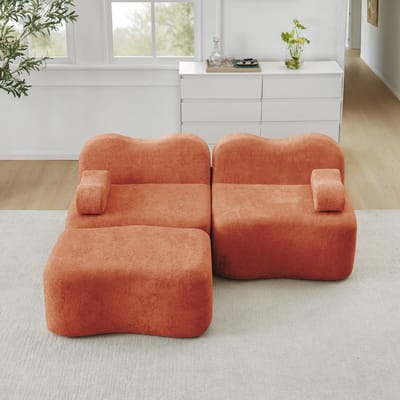 MODFU Modulaire Hoekbank - L-Vorm - Golfvormig Ontwerp - Voor Woonkamer - Fluweel - Oranje