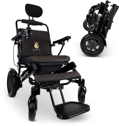 COMFYGO IQ-9000 AF Elektrische rolstoel, lichtgewicht, draadloze afstandsbediening, tot 30km, Automatisch vouwsysteem, Zwart frame & Zwart leer textiel, Zitbreedte 45cm