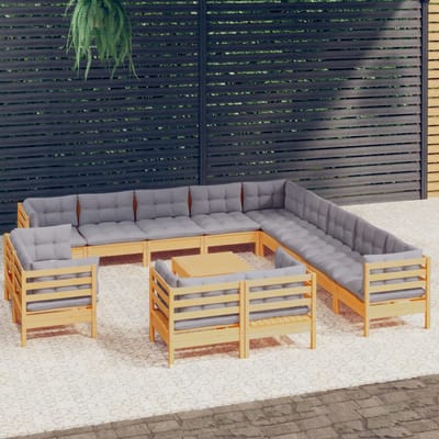 vidaXL - 14-delige - Loungeset - met - grijze - kussens - massief - grenenhout