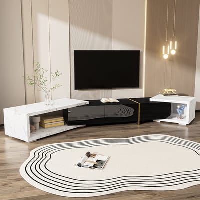 TV meubel 140-260 cm verstelbare lengte TV meubel draaibaar marmer look wit zwarte afwerking mat