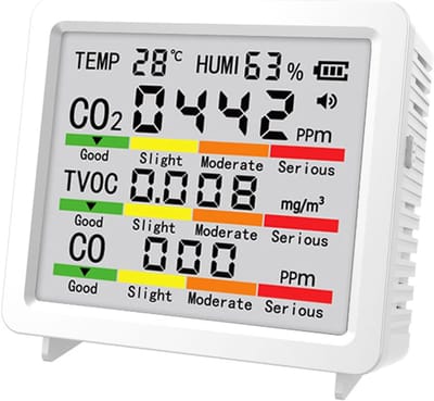 CO2 meter met LED scherm - Professionele 5-in-1 Luchtkwaliteitsmeter - TVOC & CO Detector - Digitale Thermometer & Hygrometer - Kleurenindicator & Alarm - Wit