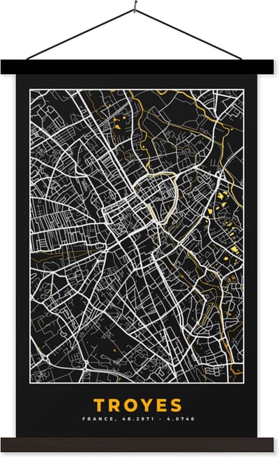 Posterhanger incl. Poster 40x60 cm - Schoolplaat - Kaart – Stadskaart – Troyes - Plattegrond – Frankrijk - Textielposter - Zwarte latten - Stadskaart