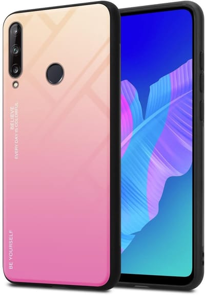 Cadorabo Hoesje geschikt voor Huawei P40 LITE E in GEEL - ROZE - Tweekleurige beschermhoes van TPU-silicone Case Cover en achterzijde van gehard glas