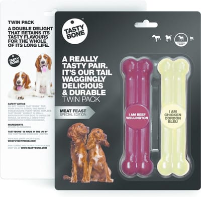 TastyBone - Small - Twinpack Meat - Beef Wellington & Chicken Cordon Bleu - Hond - Kauwspeelgoed - Vegan - Kluif - Nylabone