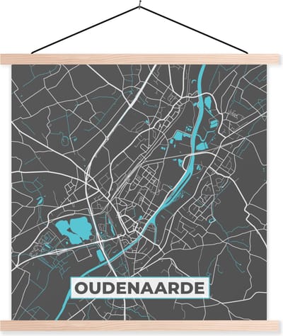 Posterhanger incl. Poster 40x40 cm - Schoolplaat - Stadskaart – Grijs - Kaart – Oudenaarde – België – Plattegrond - Textielposter - Blanke latten - Stadskaart