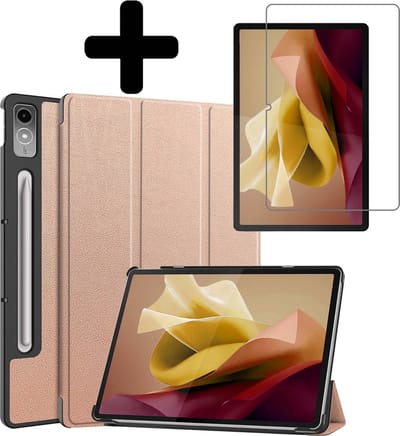 Hoes - Geschikt voor Lenovo Tab P12 - Met Screenprotector - Trifold Bookcase - Hard Cover Case - Met Uitsparing Geschikt voor Lenovo Pen - Hardcover Book - Tablet Hoesje - Rosé goud