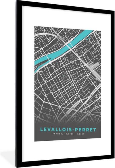 Fotolijst incl. Poster - Levallois-Perret - Stadskaart - Kaart - Plattegrond - Frankrijk - 60x90 cm - Posterlijst