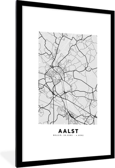 Fotolijst incl. Poster Zwart Wit- Zwart Wit – België – Plattegrond – Stadskaart – Kaart – Aalst - 60x90 cm - Posterlijst