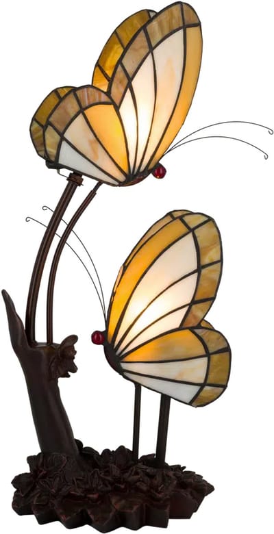 Tiffany tafellamp Vlinders - Crème-amber - H 45 cm - Glas in lood - Decoratieve figuurlamp - Warm licht | RORUVERA