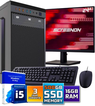 Intel Compleet PC SET | Intel Core i5 | 16 GB DDR4 | 500 GB SSD + 24 Inch Monitor + Muis + Toetsenbord | Windows 11 Pro + WiFi & Bluetooth