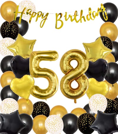 Snoes Ballonnen 58 Jaar Black Gold Dots Mega Ballon - Compleet Feestpakket Goud Zwart Stippen Cijferballon 58 - Verjaardag Versiering DIY Slinger Happy Birthday – Folieballon – Latex Ballonnen - Helium Ballonnen