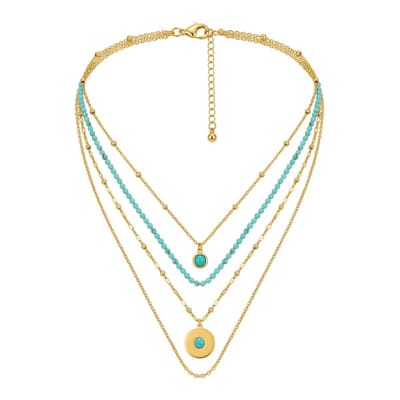 4 delige set Goudkleurige ketting met turquoise kralen en ronde hangers – ketting voor dames – layerketting met fantasiehanger